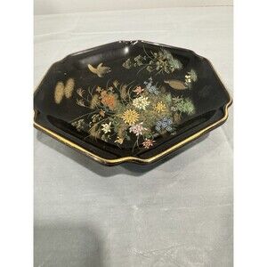 Vintage Andrea by Sadek Black & Gold Floral Bird Tray Japan Octagonal